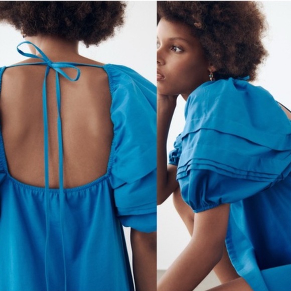 Zara Puff Sleeve Blue Mini Dress Size Medium - Picture 2 of 3